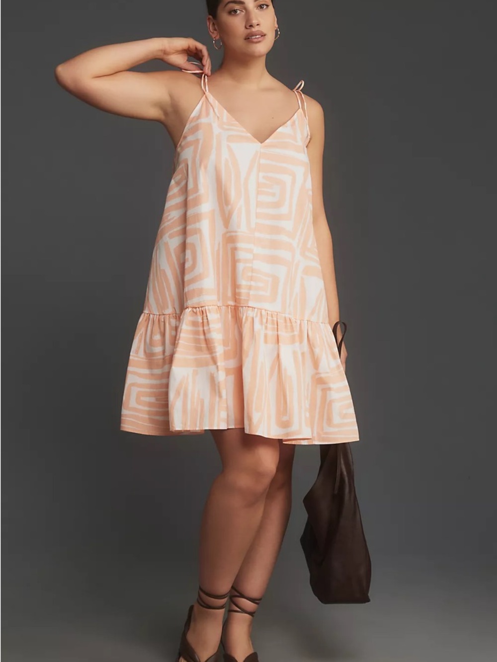 Maeve Peach Geometric Print Sleeveless Flounce Swing Mini Dress |Size Large|